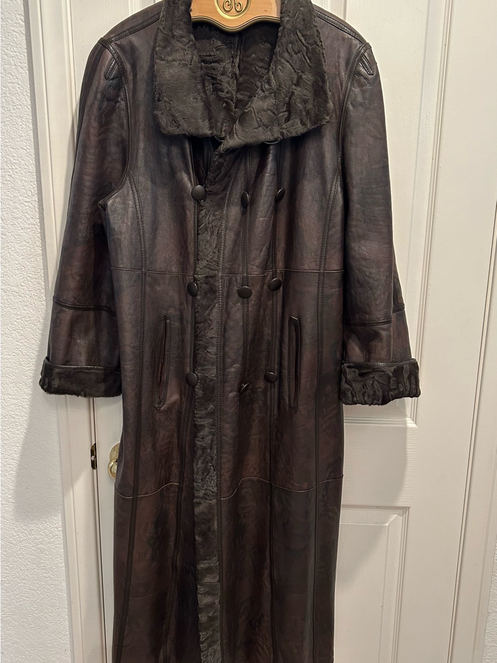 Women’s Long Reversible Curly Persian Lamb Brown Leather Coat
